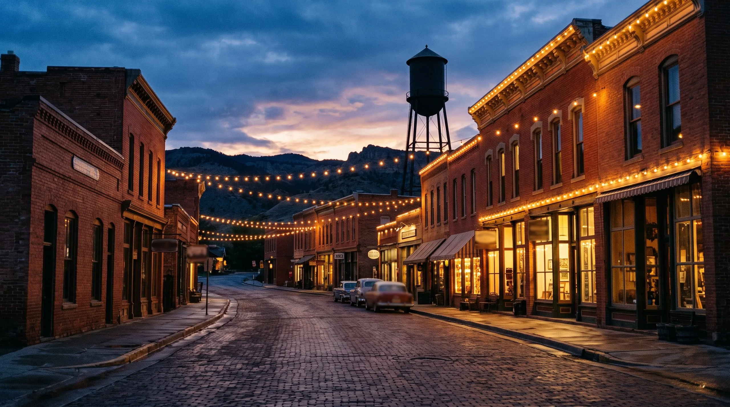 A brick-fronted historic main street at dusk, string lights strung overhead and a water tower behind the rooftops.