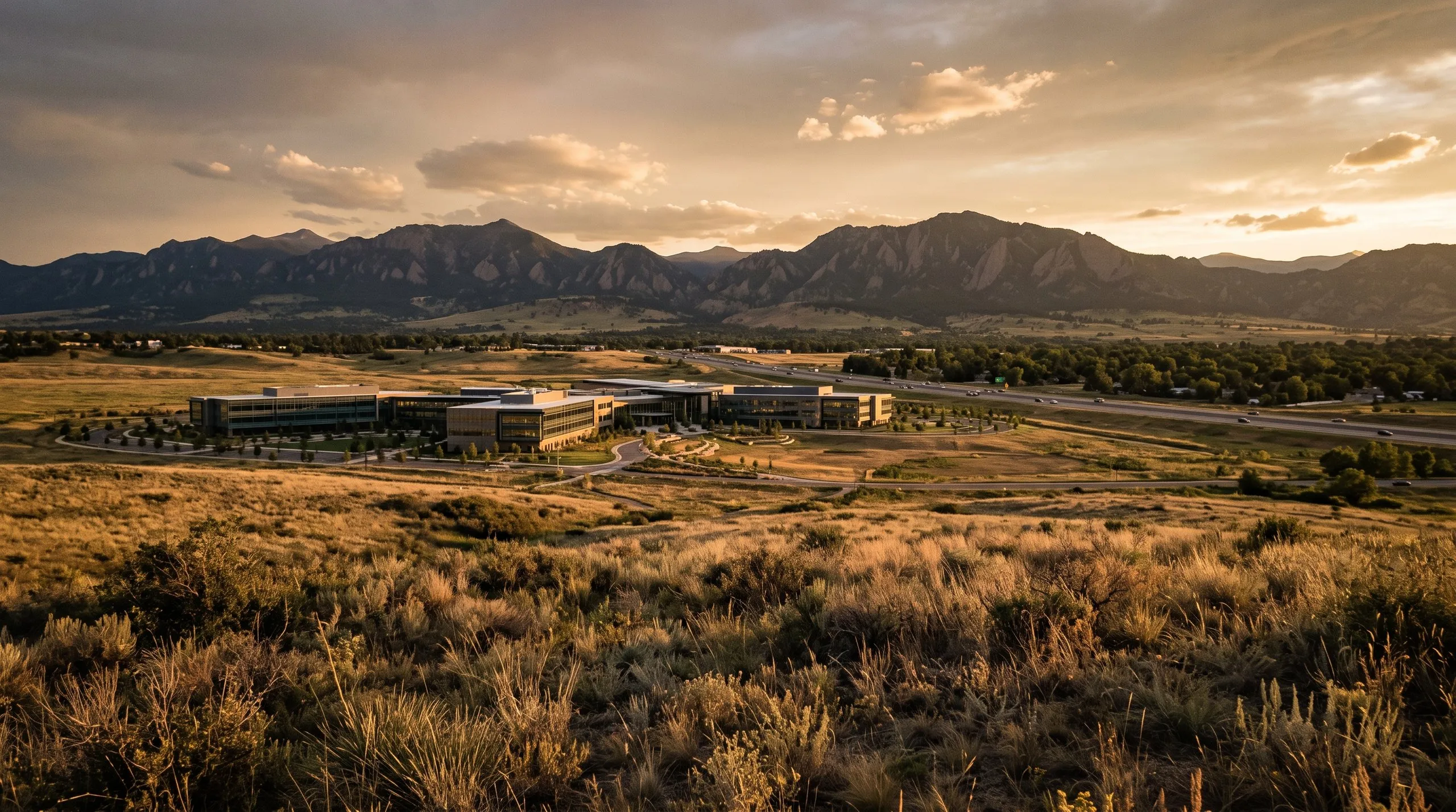 Low office buildings set in open grassland below the Flatirons at sunset, with a highway running along the far edge.