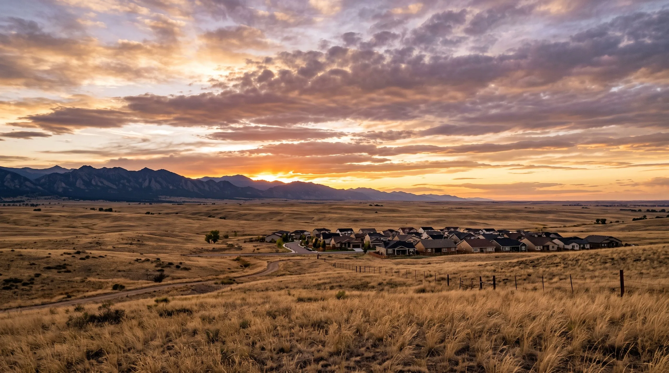 New homes at the edge of open prairie, the Front Range foothills behind them under a wide sunrise sky.
