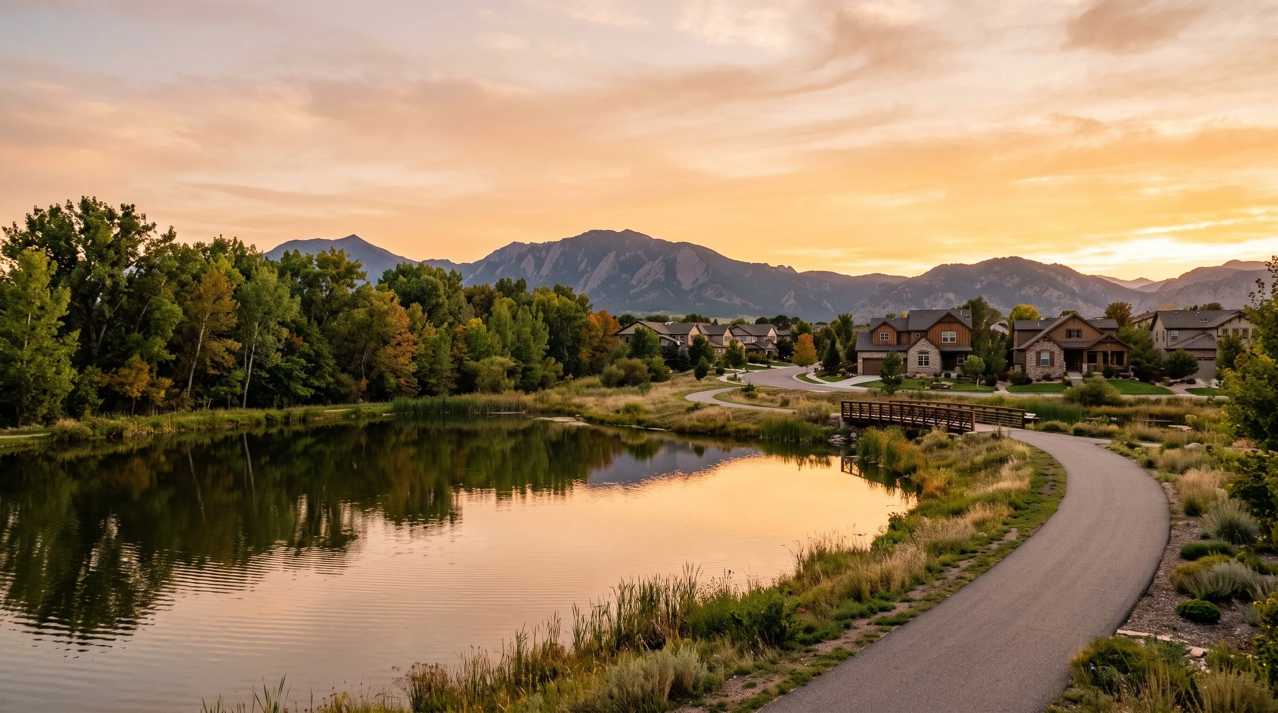 A paved path curving past a neighbourhood pond at sunset, houses and the Front Range beyond the water.