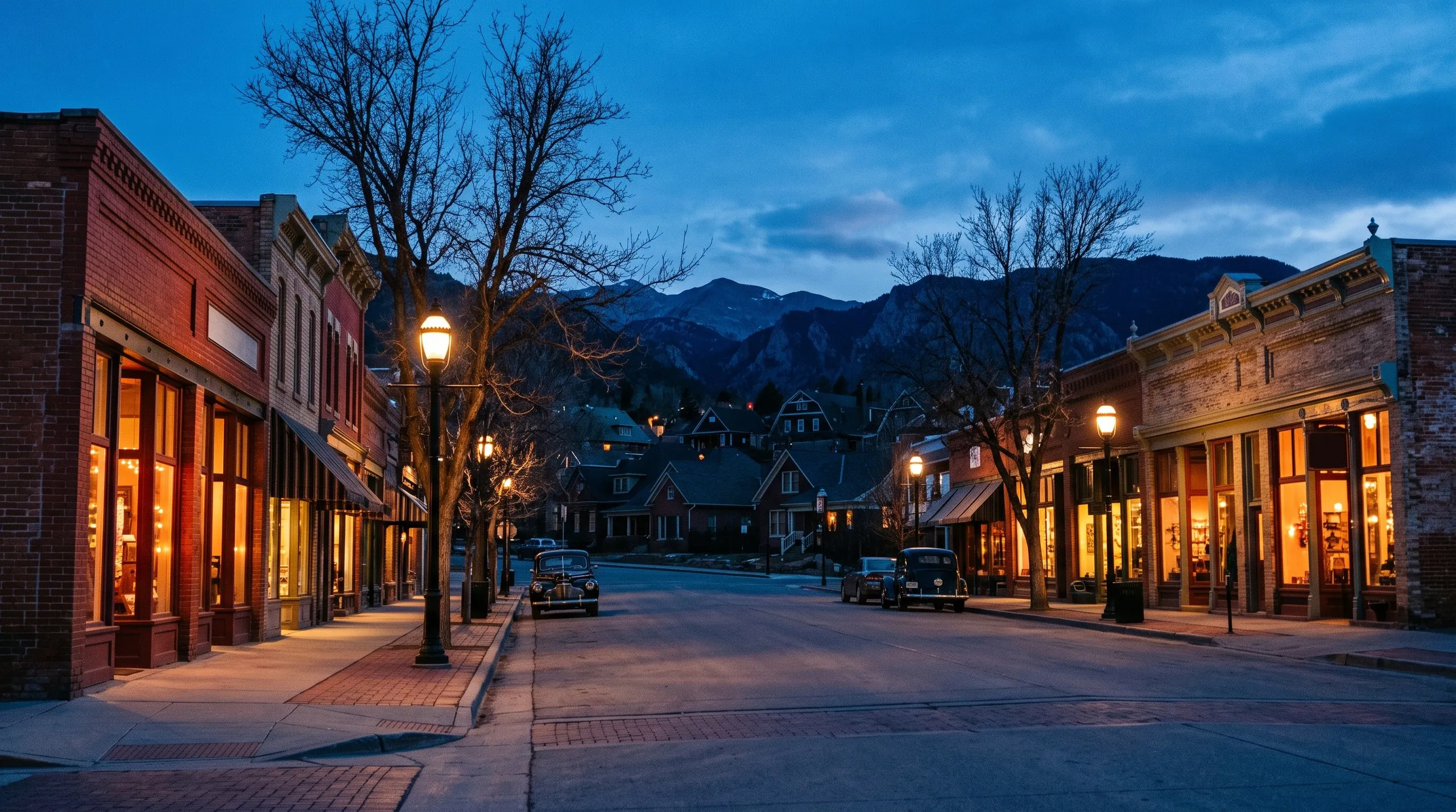 An old brick main street at blue hour, shopfronts lit and the mountains closing off the end of the road.