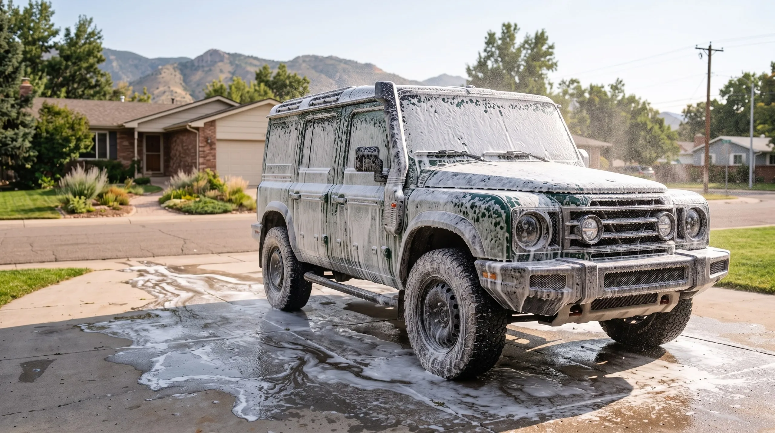 A dark green SUV covered in thick white snow foam on a suburban driveway