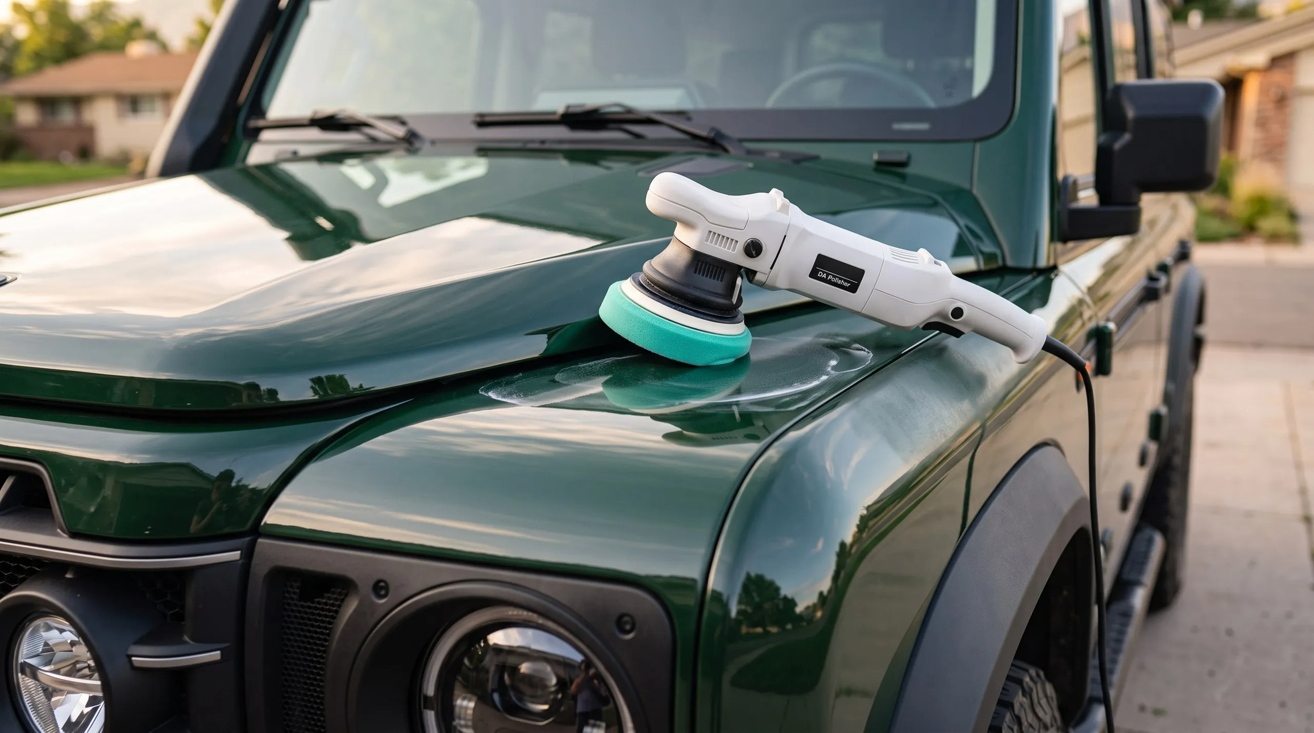 A clay bar gliding over the wet fender of a dark green SUV