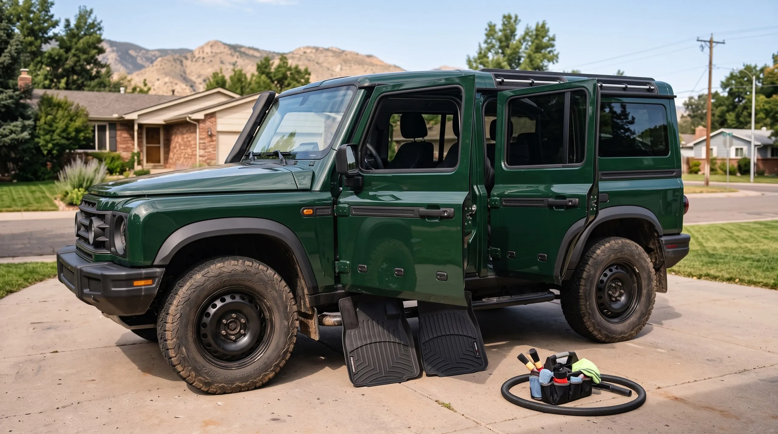 The SUV with doors open and mats out during an interior detail