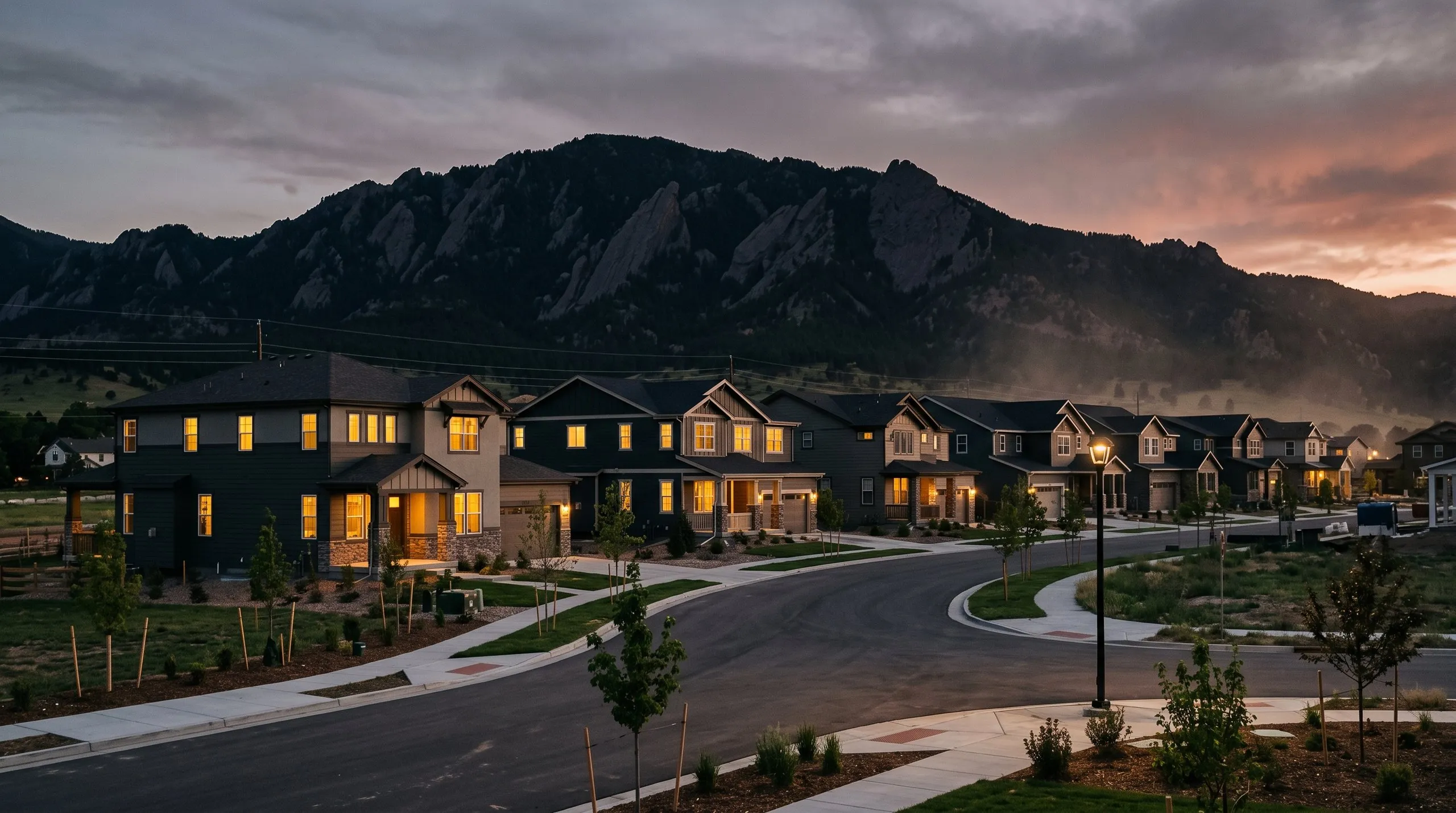 A row of newly built two-storey houses on a quiet residential street, the Flatirons rising behind them at dusk.