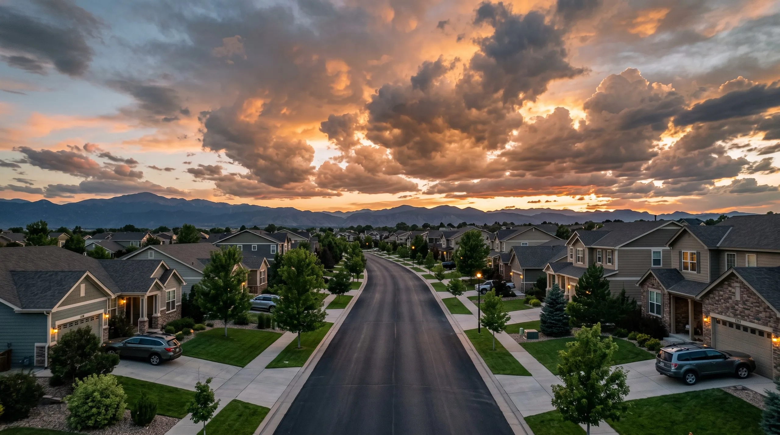 A suburban street of two-storey homes seen from above at sunset, the Front Range low on the horizon.